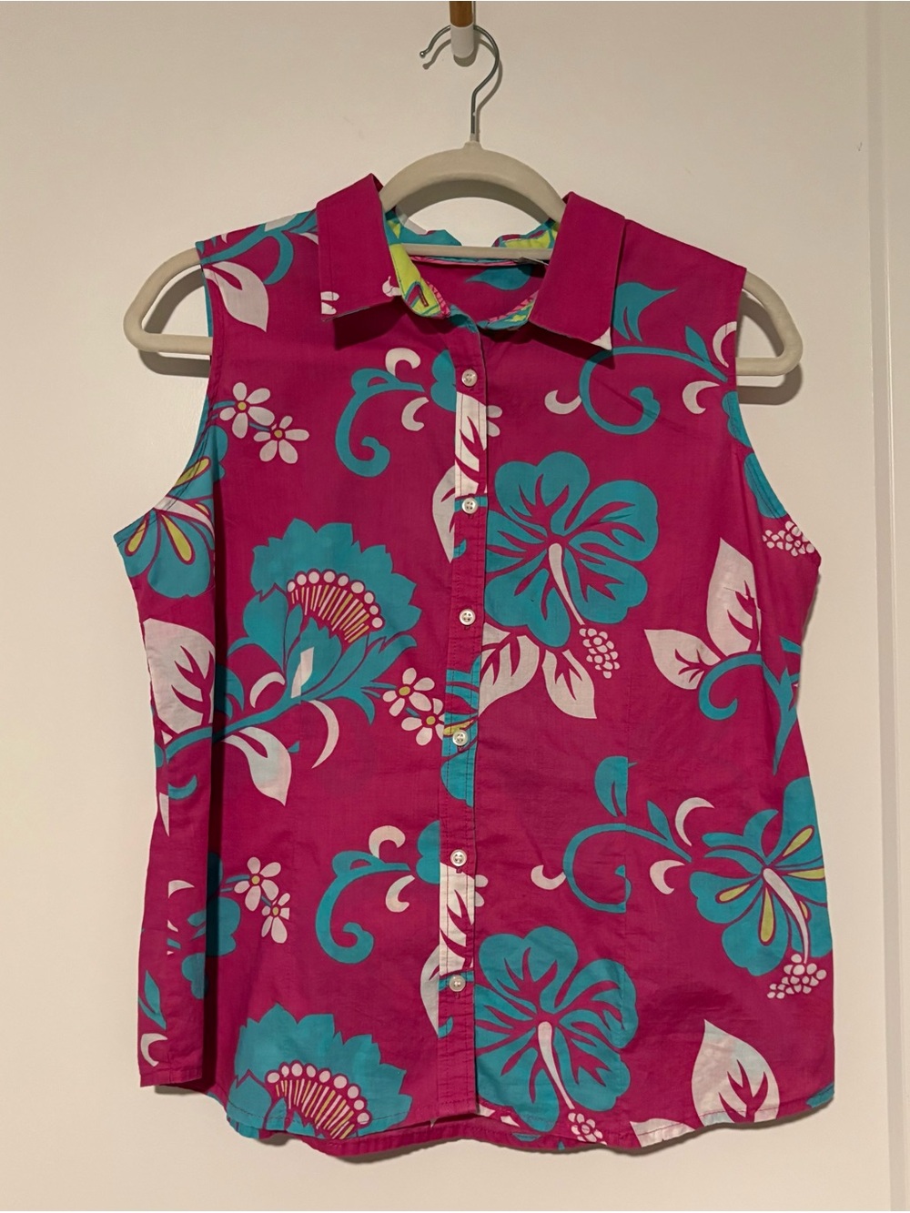 Izod Vintage Sleeveless Floral Button-Up Blouse in Fuchsia & Teal Size PL